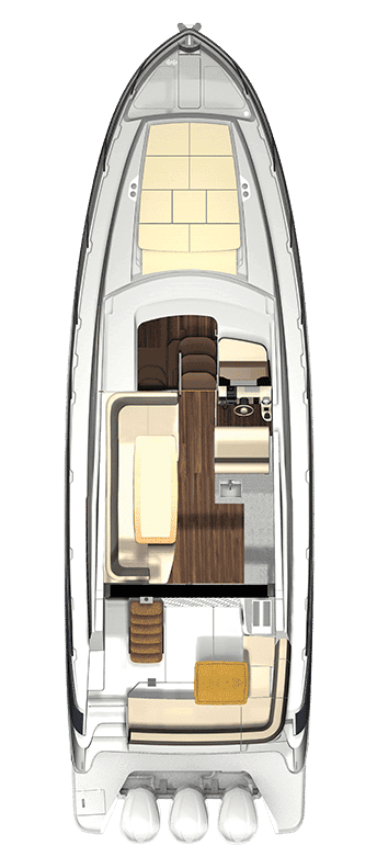 Rzut górnego salonu i patio rufowego 42 FXO.