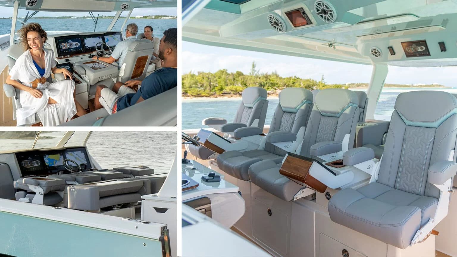 Cztery wielopozycyjne fotele przy stanowisku sternika 50 SAV.